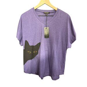 Womens V-Neck Purple Tee With Black Cat Rhinestone Design By LP2 Medium NWT